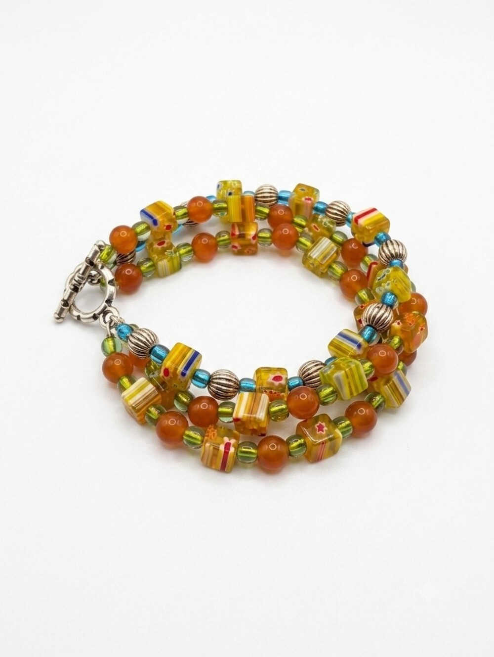 Handmade Beaded Coil Bracelet - Vibrant Multi-Glass Accents